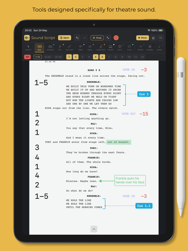 A song page marked with DCA ranges, verb levels, cue brackets and a note, with the DCA tool active.
