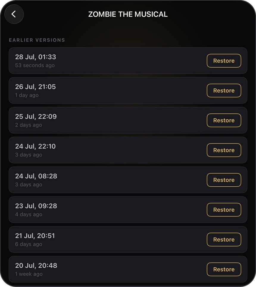 Earlier versions of a single script, each restorable.