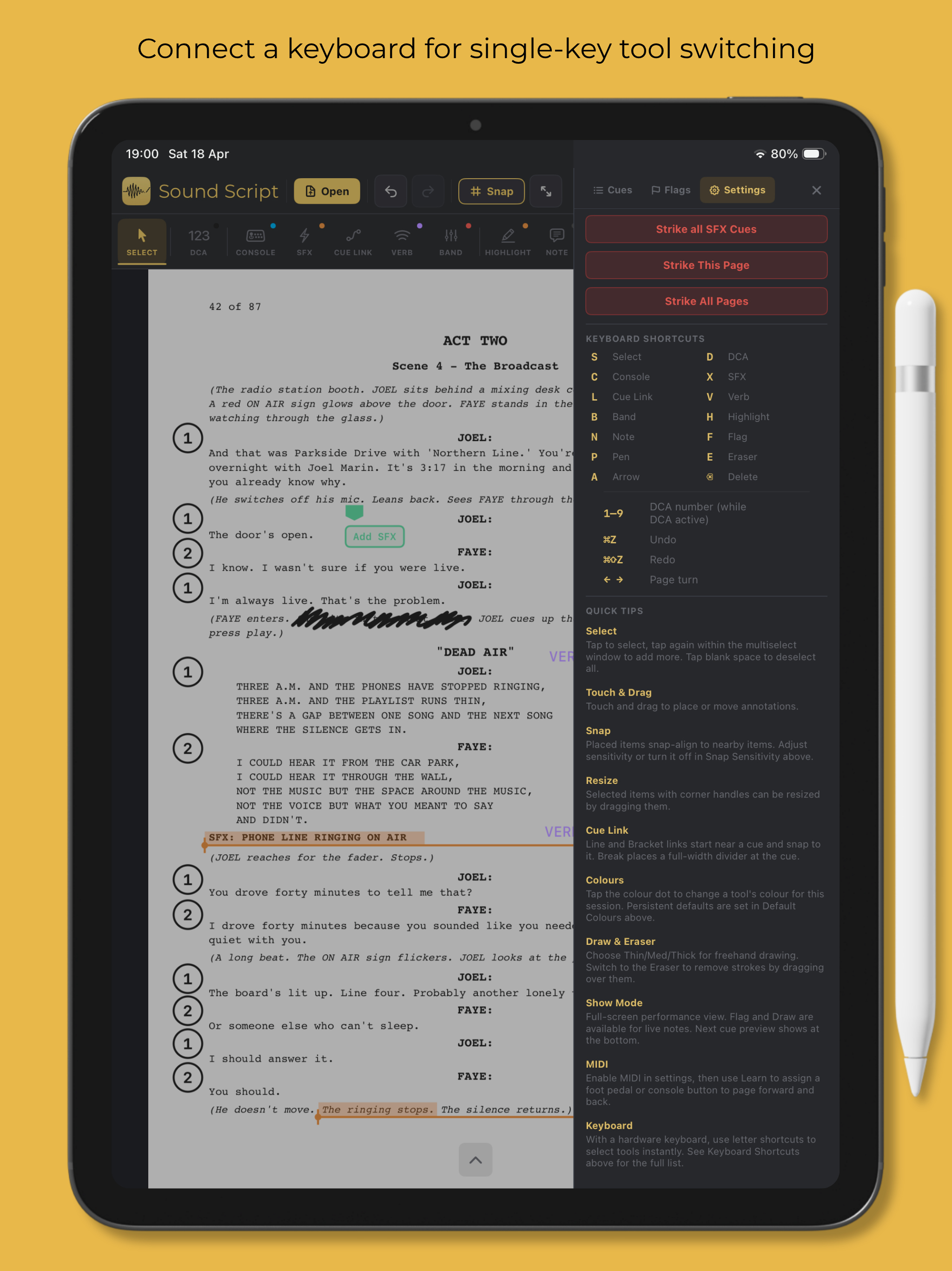 Connect a keyboard for single-key tool switching